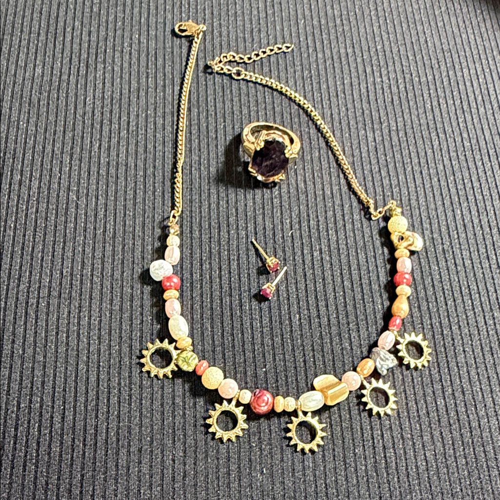 Gold-Tone Sunburst Bead Necklace With Coral And Cream Accents